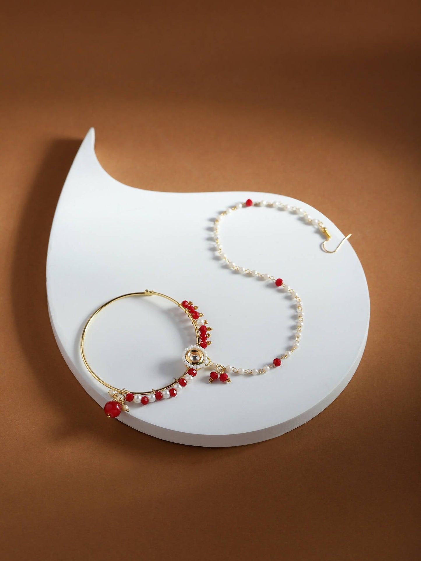 White Red Gold-Polished Kundan-Studded Beaded Nosepin - Ruby Raang | Swadesiicart