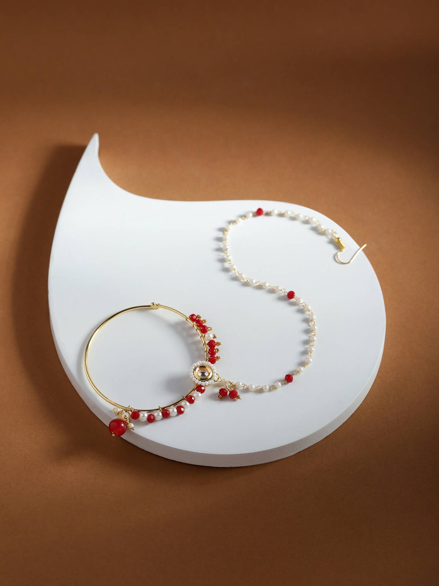 White Red Gold-Polished Kundan-Studded Beaded Nosepin - Ruby Raang | Swadesiicart