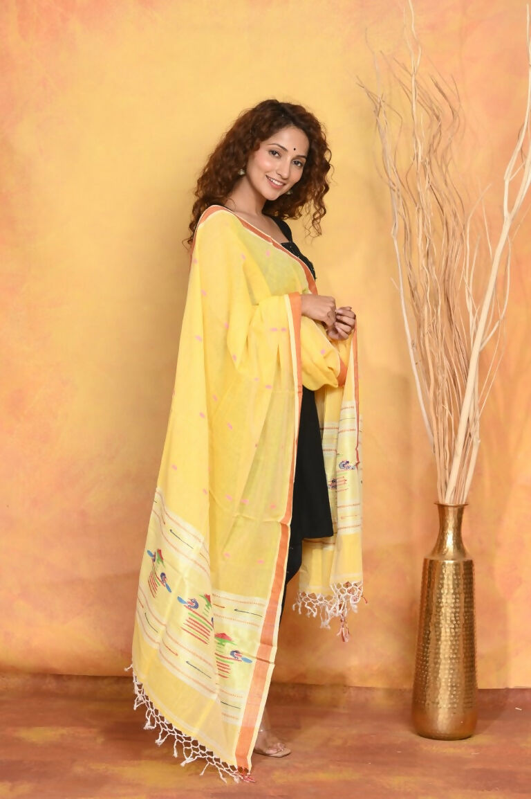 Very Much Indian Handloom Pure Cotton Paithani Dupatta - Yellow | Swadesiicart