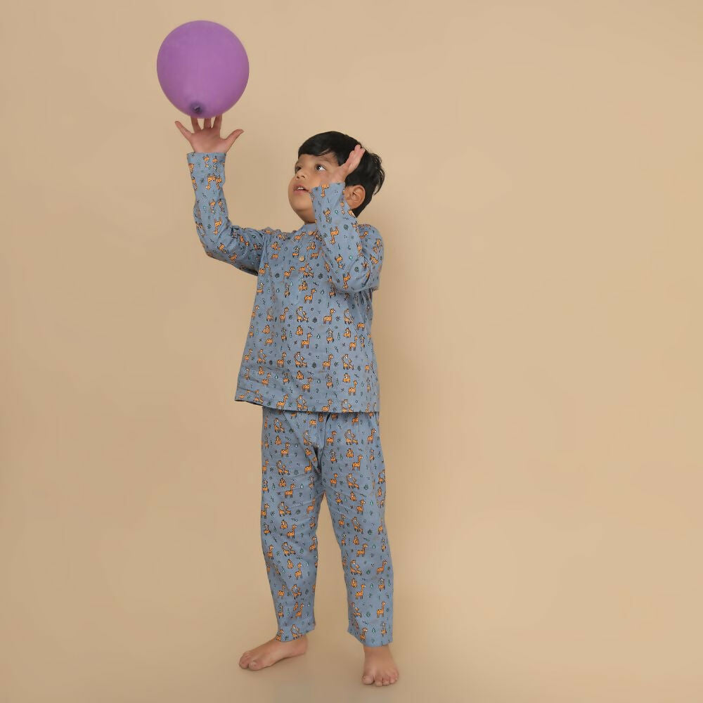 Breathables Kids Cotton Giraffe Print Night Suit | Kurta & Pants Co-Ord Set | Full Sleeves | Boys & Girls Nightwear & Loungewear – Grey