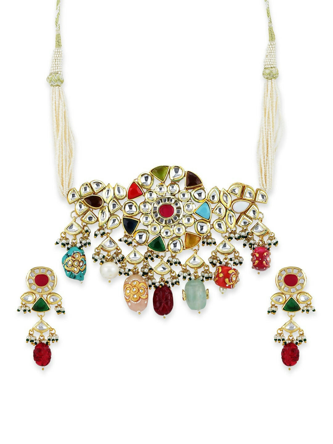 Maharani Multi Kundan Choker with Earrings- Ruby Raang | Swadesiicart