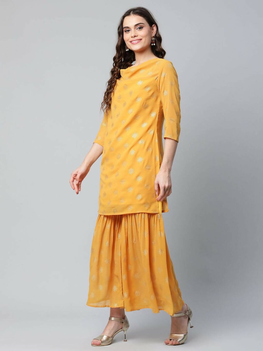 Ahalyaa Womens Mustard Georgette Gold Foil Printed Kurta Sharara Set With Dupatta | Swadesiicart