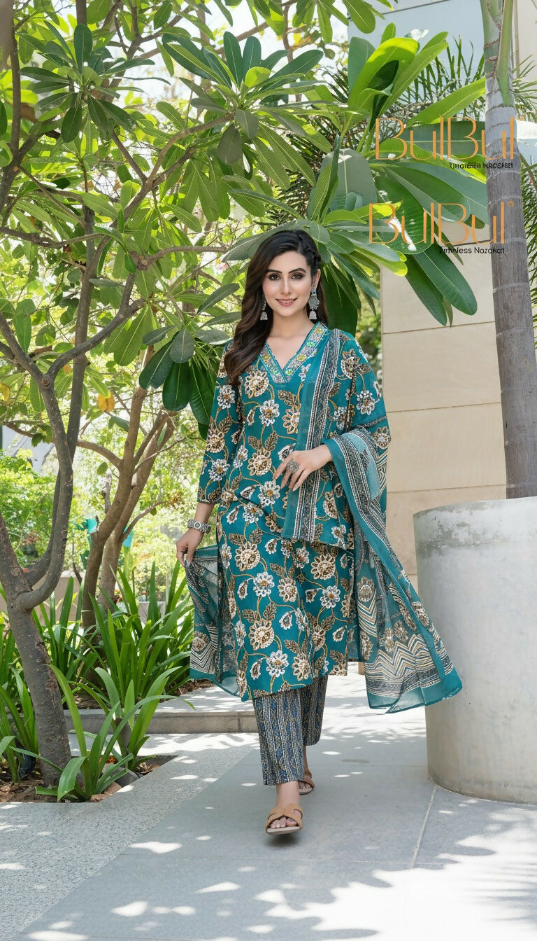BulBul Fashionista Green Cotton Kurta Set with Dupatta - Swadesiicart