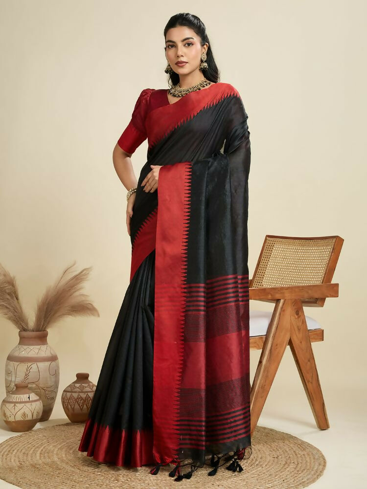 Vishnu Weaves Women's Black Raw Silk Thread Woven Saree with Blouse - Swadesiicart