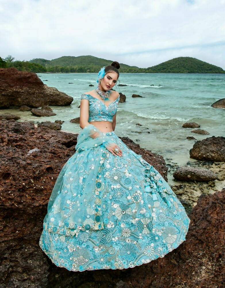 House of Panchhi Sky Blue Organza Sequins, Zarkan And Thread Embroidery Lehenga Choli & Dupatta | Swadesiicart