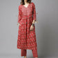 FIORRA Women's Red Cotton A-Line Kurta Set - Swadesiicart