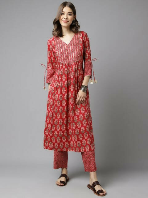 FIORRA Women's Red Cotton A-Line Kurta Set - Swadesiicart