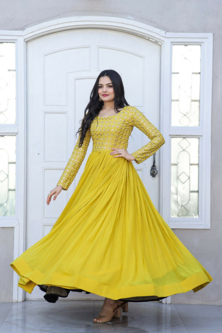 Jyoti Fashion Women's Yellow Sequence Zari Embroidered Faux Blooming Anarkali Dress | Swadesiicart