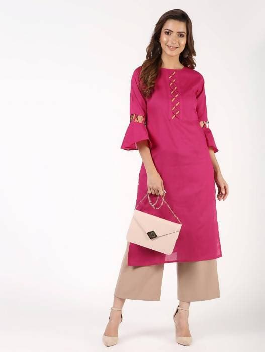 Aniyah Cotton Criss Cross Bell Sleeves Magenta Straight Kurta (AN-144K) - Swadesiicart