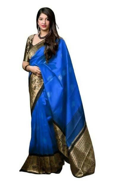 DEIANA'S Beautiful Designer Golden zari Soft Lichi Silk Saree - Royal Blue - Swadesiicart