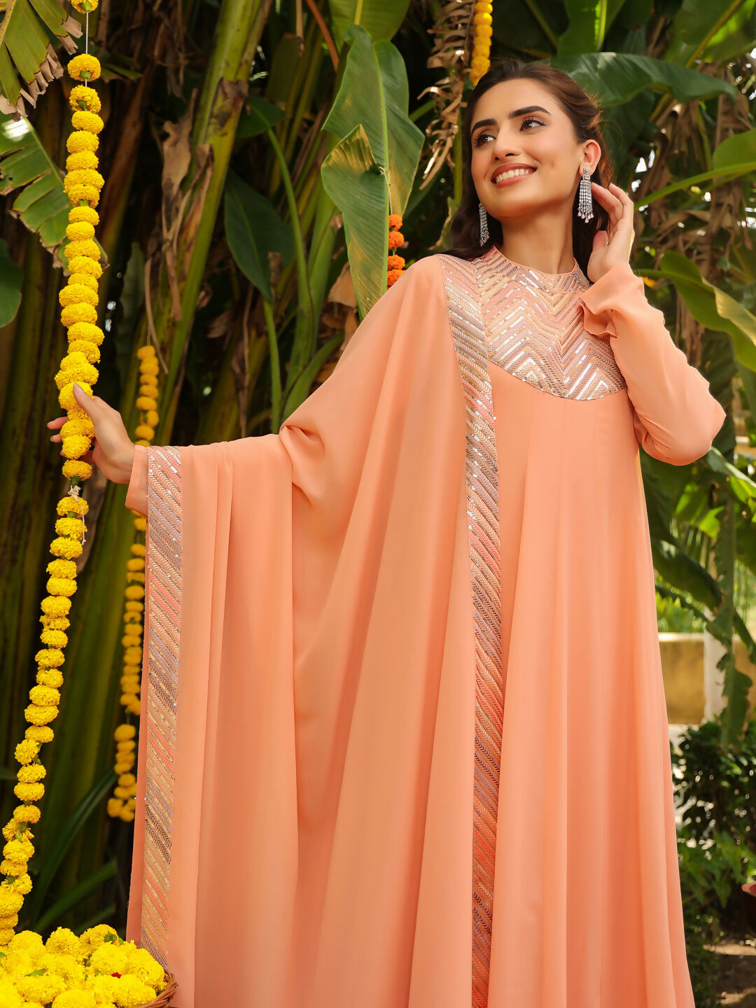 Janasya Peach Georgette Sequined Kurta,Bottom & Dupatta | Swadesiicart