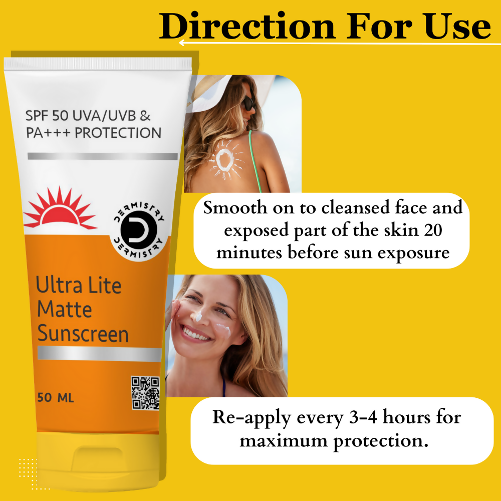 Dermistry Ultra Lite Matte Water Based Sunscreen for Oily Skin SPF 50 UVA UVB PA+++ Protection - Swadesiicart