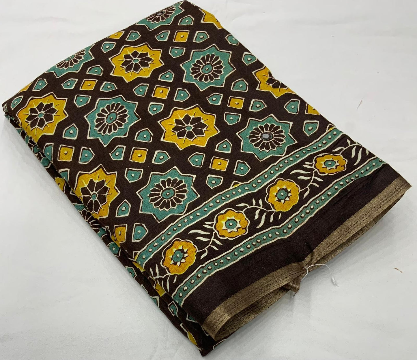 Coffee Cotton Blend Ajrak Saree with Unstitched Blouse - Hiral Fashion | Swadesiicart