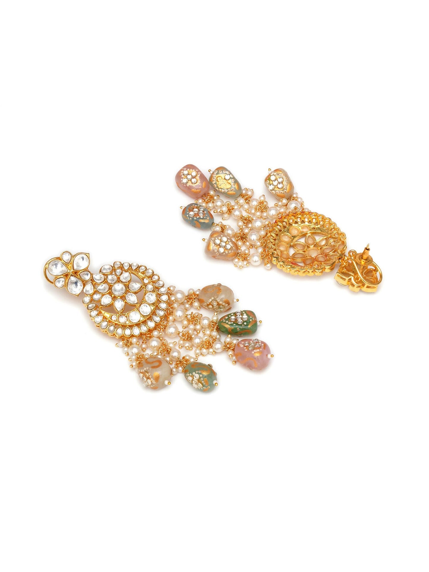 Long Kundan Neckpiece with Earrings & Maang Tikka with Multi Stones Jewellery Set (Gold) - Ruby Raang - Swadesiicart