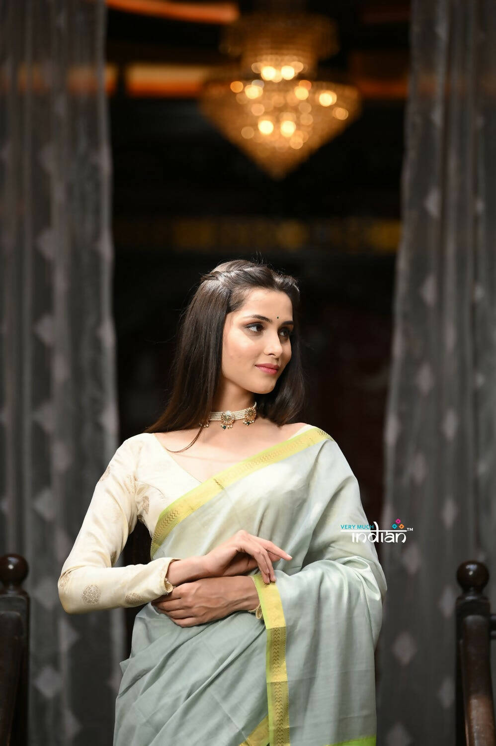 Very Much Indian VMI Exclusive Designer! Handloom Cotton Silk Saree With Sleek Golden Border - Sage Grey | Swadesiicart