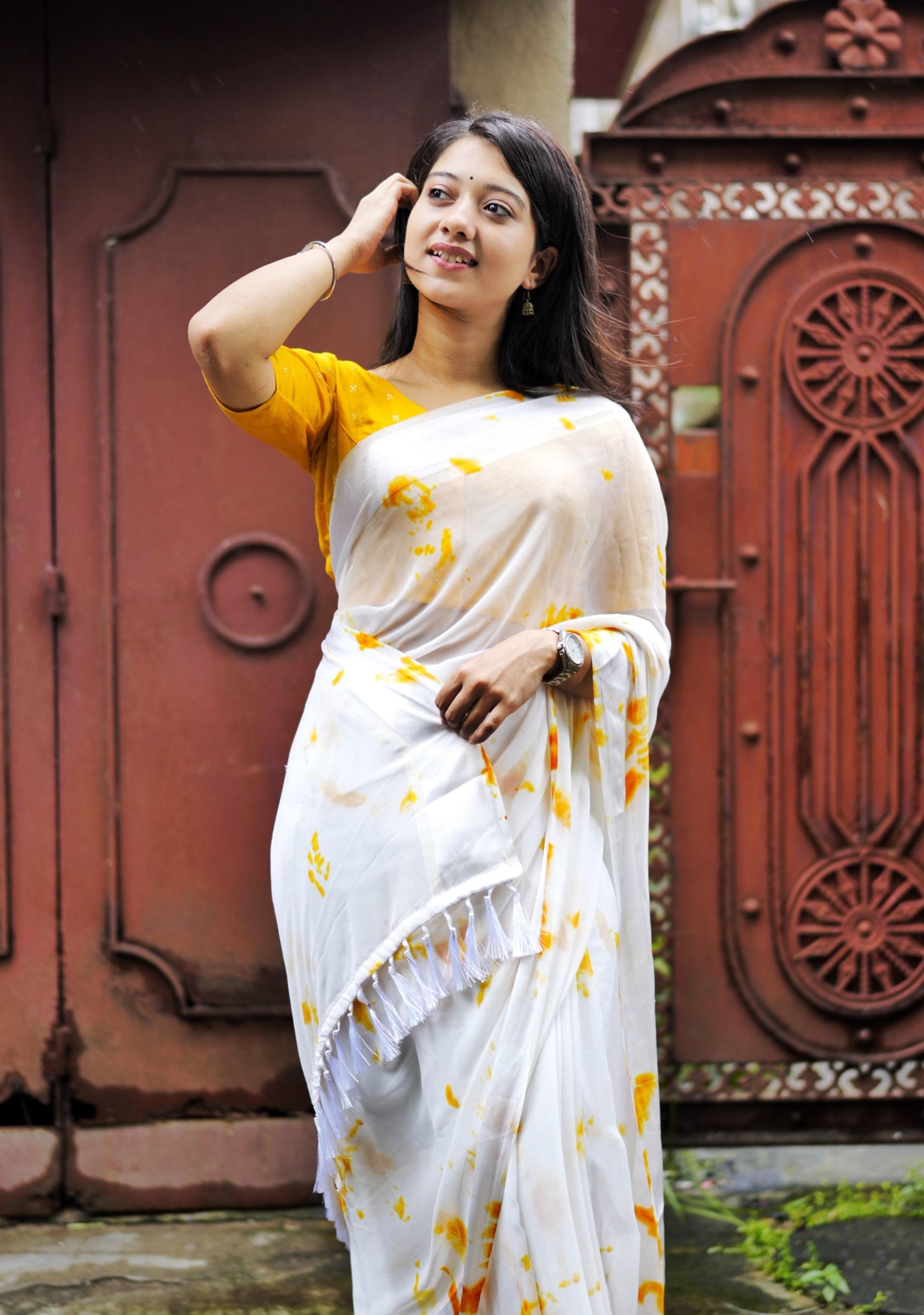 Yellow Poly Georgette Tie and Dye Saree with Unstitched Blouse - Hiral Fashion | Swadesiicart