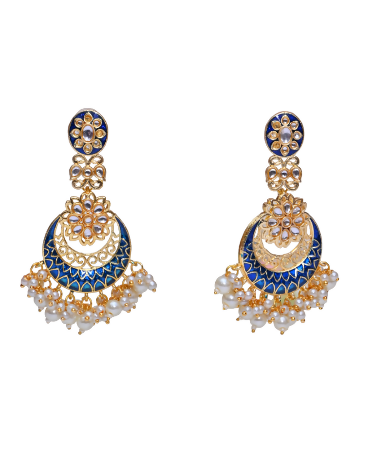 Blue Gold-Polished Beautifully Enamelled Stylish Kundan & Pearl Dangle Women Earrings|Meenakari Chandbali Traditional Ethnic Wear Earrings By House of Ree - Swadesiicart