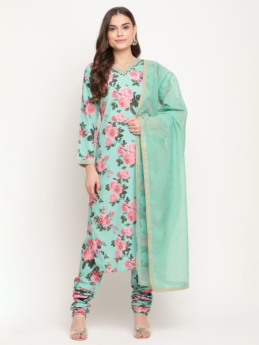 Ahalyaa Women Green Floral Printed Regular Kurta Churidar Set & With Dupatta | Swadesiicart