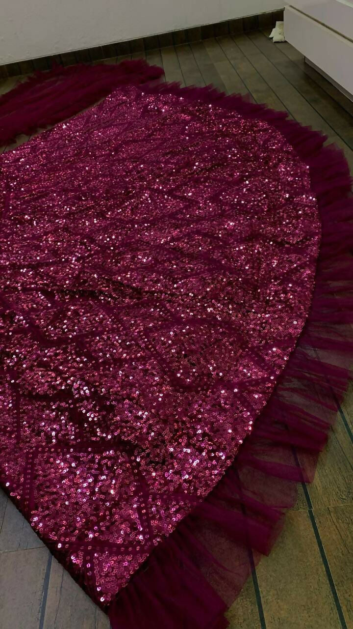 Jyoti Fashion Women's Wine Velvet Thread with Sequins & Ruffle Border Work Designer Lehenga Choli Set | Swadesiicart