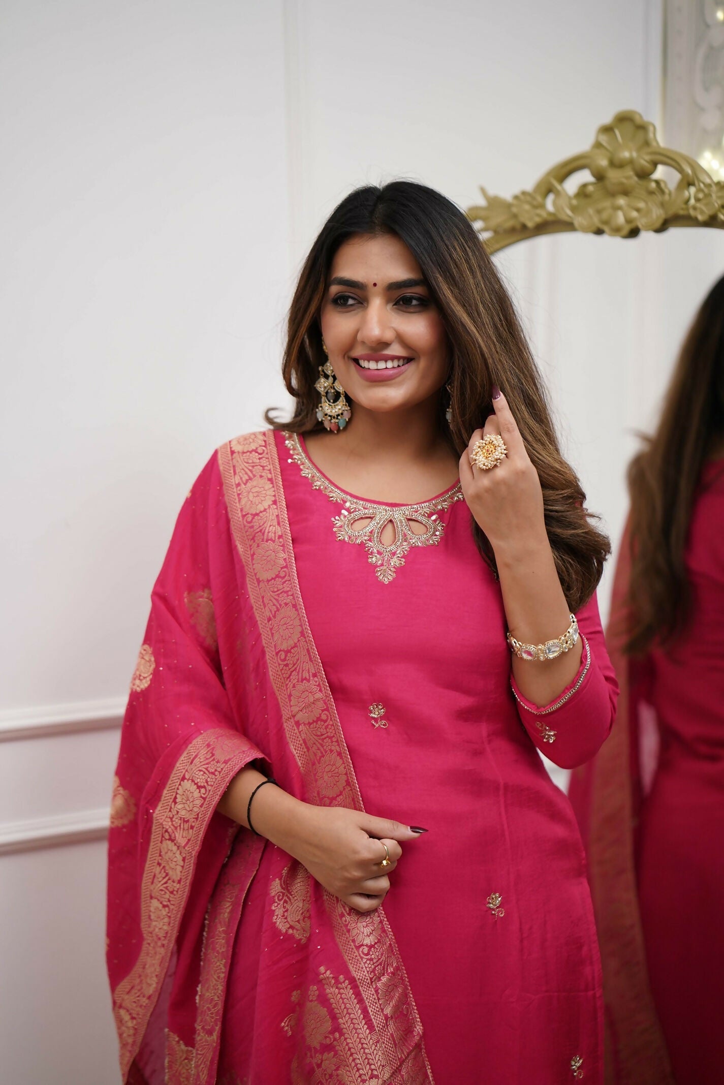 The52 Gajri Women's Gorgeous Embroidered Viscose Chanderi Fabric Straight Kurta Pant with Dupatta Set - Swadesiicart