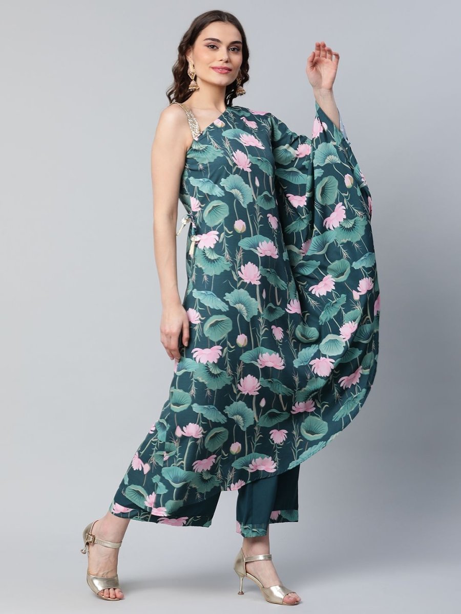 Ahalyaa Women Green Crepe Floral Printed Kurta with Palazzo Set | Swadesiicart