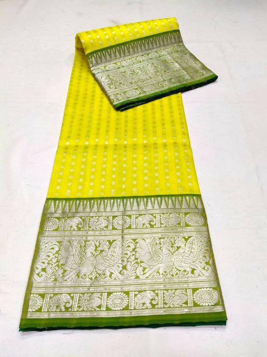 DEIANA'S Beautiful Designer Golden zari Soft Lichi Silk Saree - Yellow - Swadesiicart