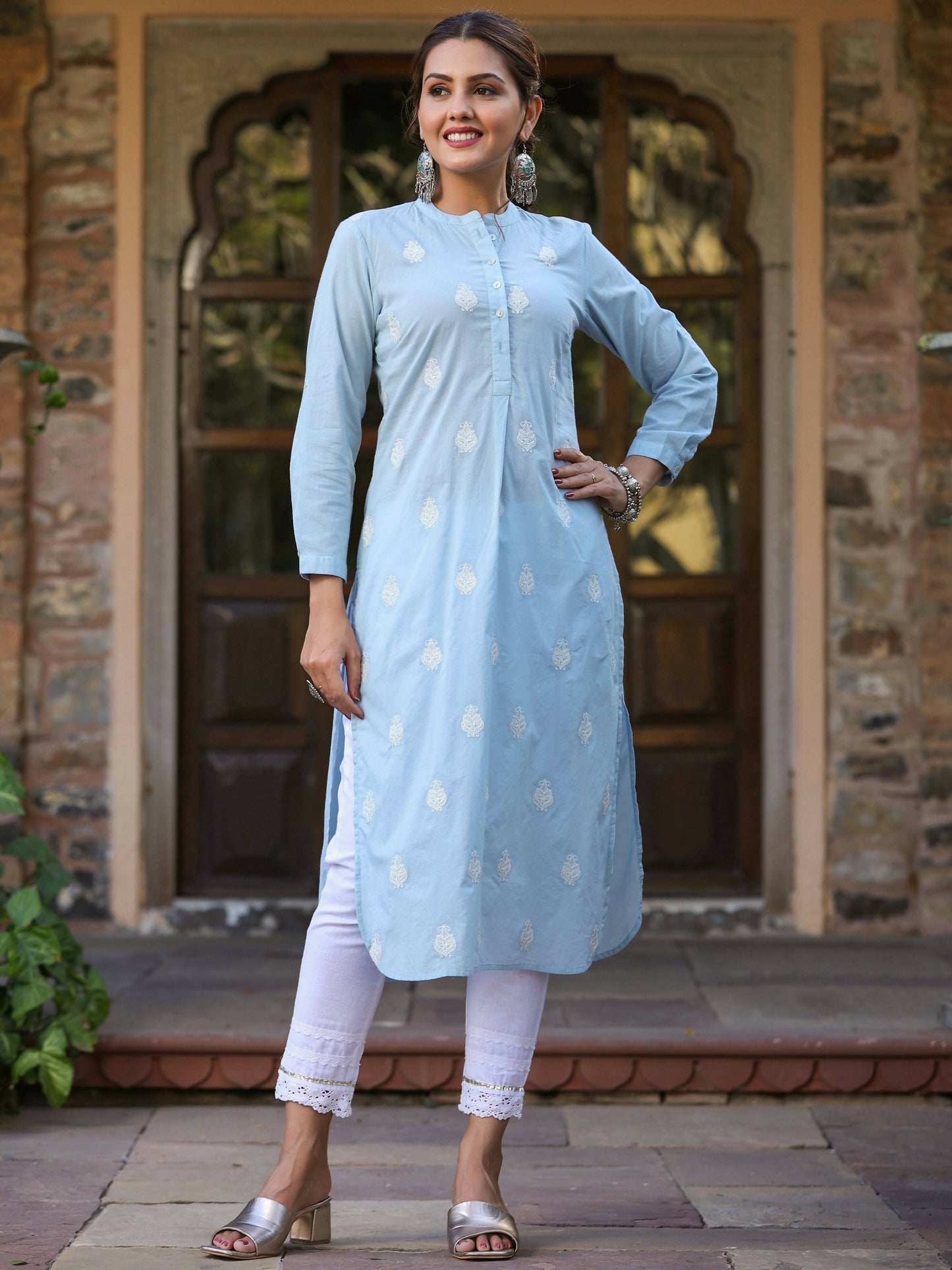 Juniper Women's Blue Cambric Embroidered Straight Kurta | Swadesiicart