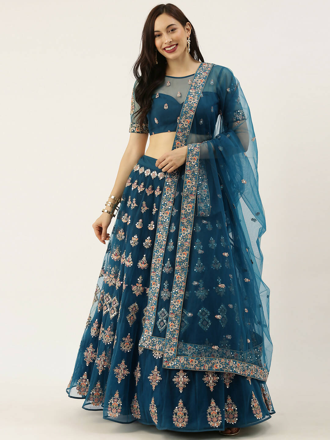 House of Panchhi Teal Net Semi stitched Mirror and Coding Work Lehenga Choli | Swadesiicart