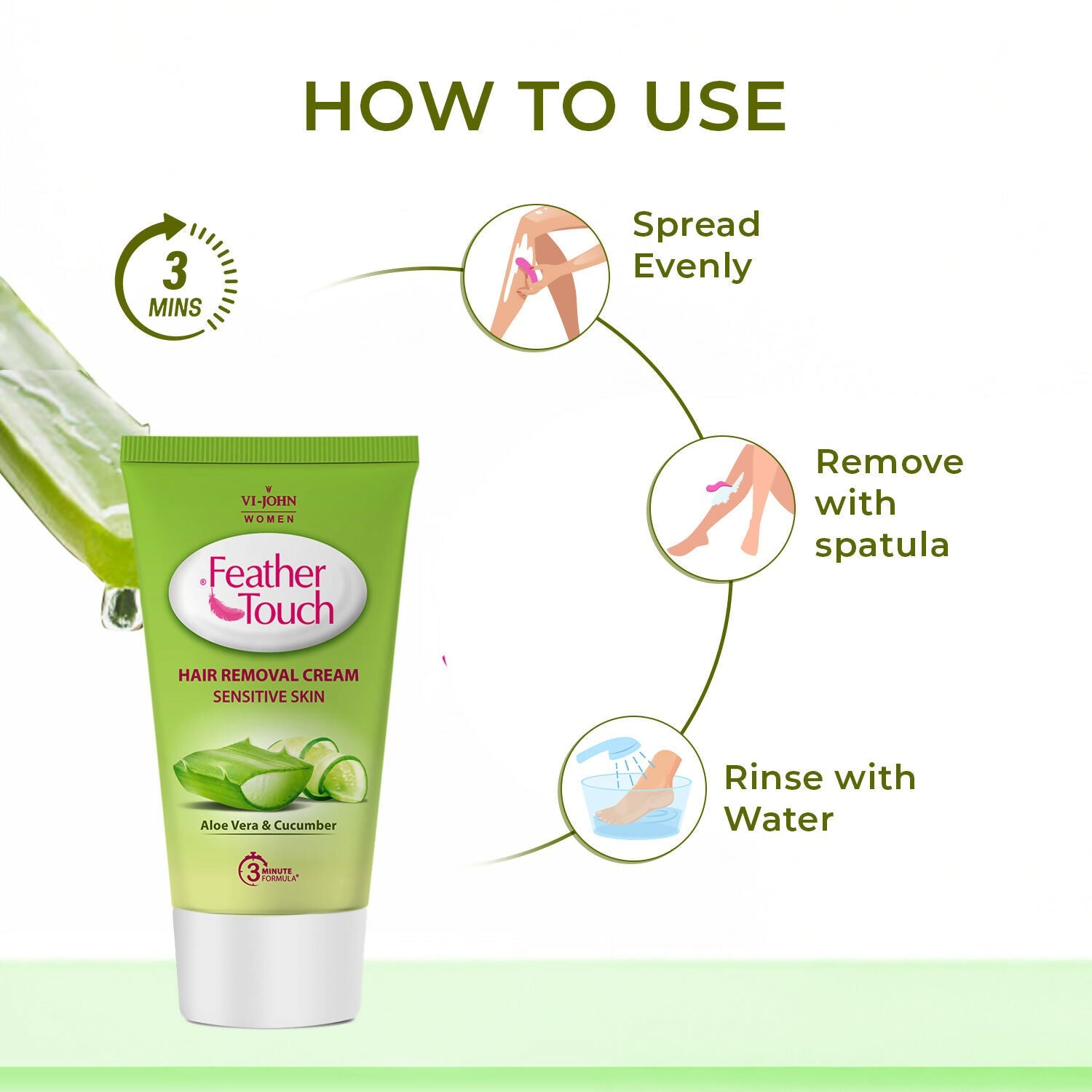 VI-JOHN Feather Touch Cucumber & Aloevera Hair Removal Cream for Women for Sensitive Skin Suitable for Legs, Underarms, Bikini Line, Arms | Swadesiicart