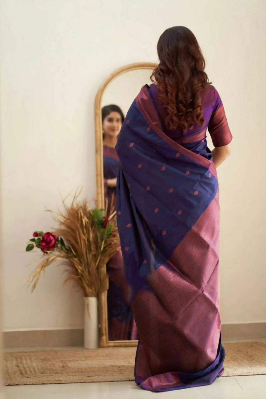 DEIANA'S Beautiful Designer Golden zari Soft Lichi Silk Saree - Navy Blue - Swadesiicart