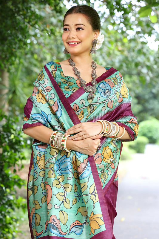 Vishnu Weaves Women's Wine Cotton Silk Woven Saree with Blouse - Swadesiicart