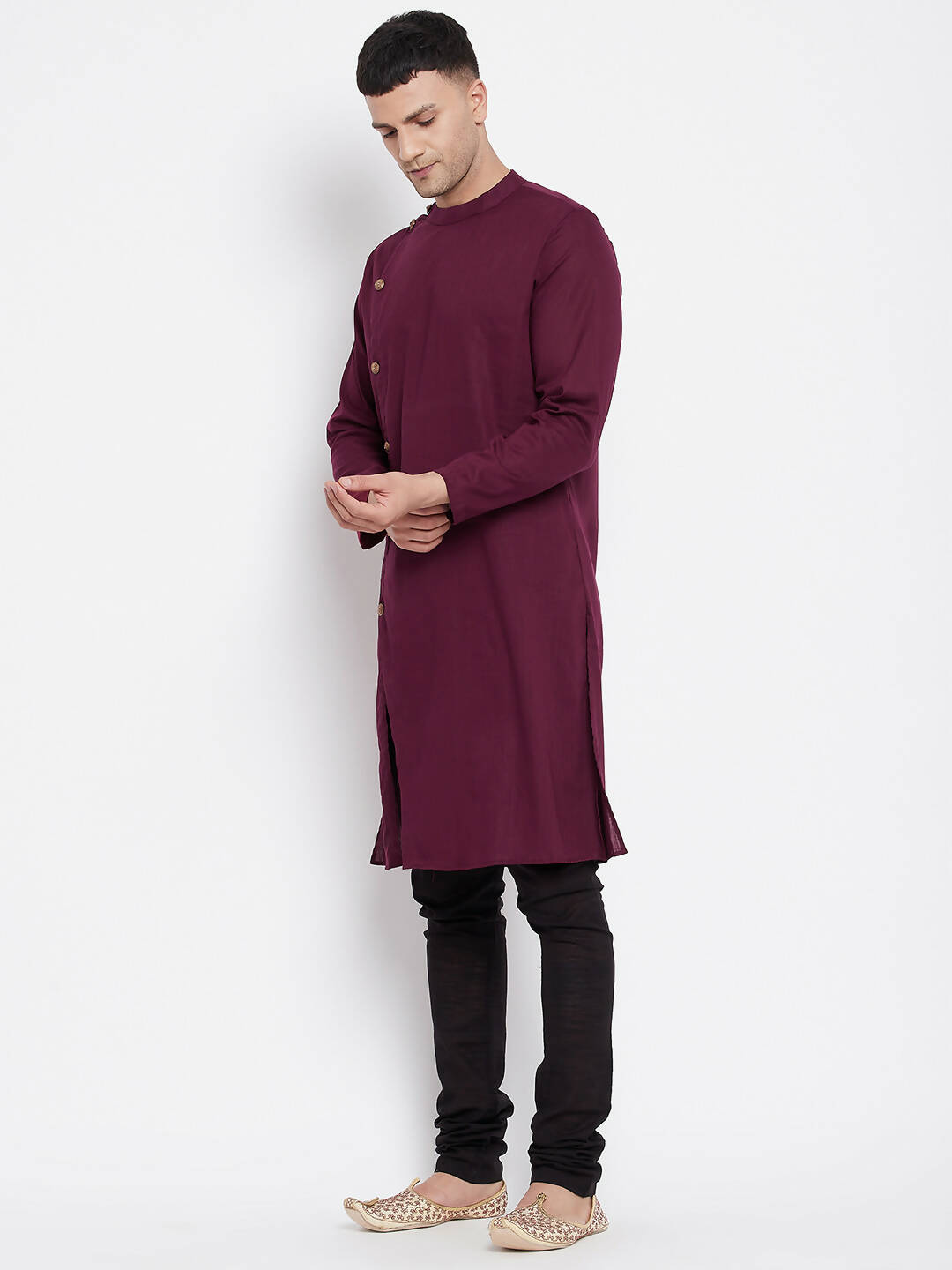 Even Apparels Maroon Pure Cotton Men's Sherwani Kurta With Asymetrical Cut | Swadesiicart