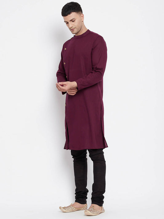 Even Apparels Maroon Pure Cotton Men's Sherwani Kurta With Asymetrical Cut | Swadesiicart