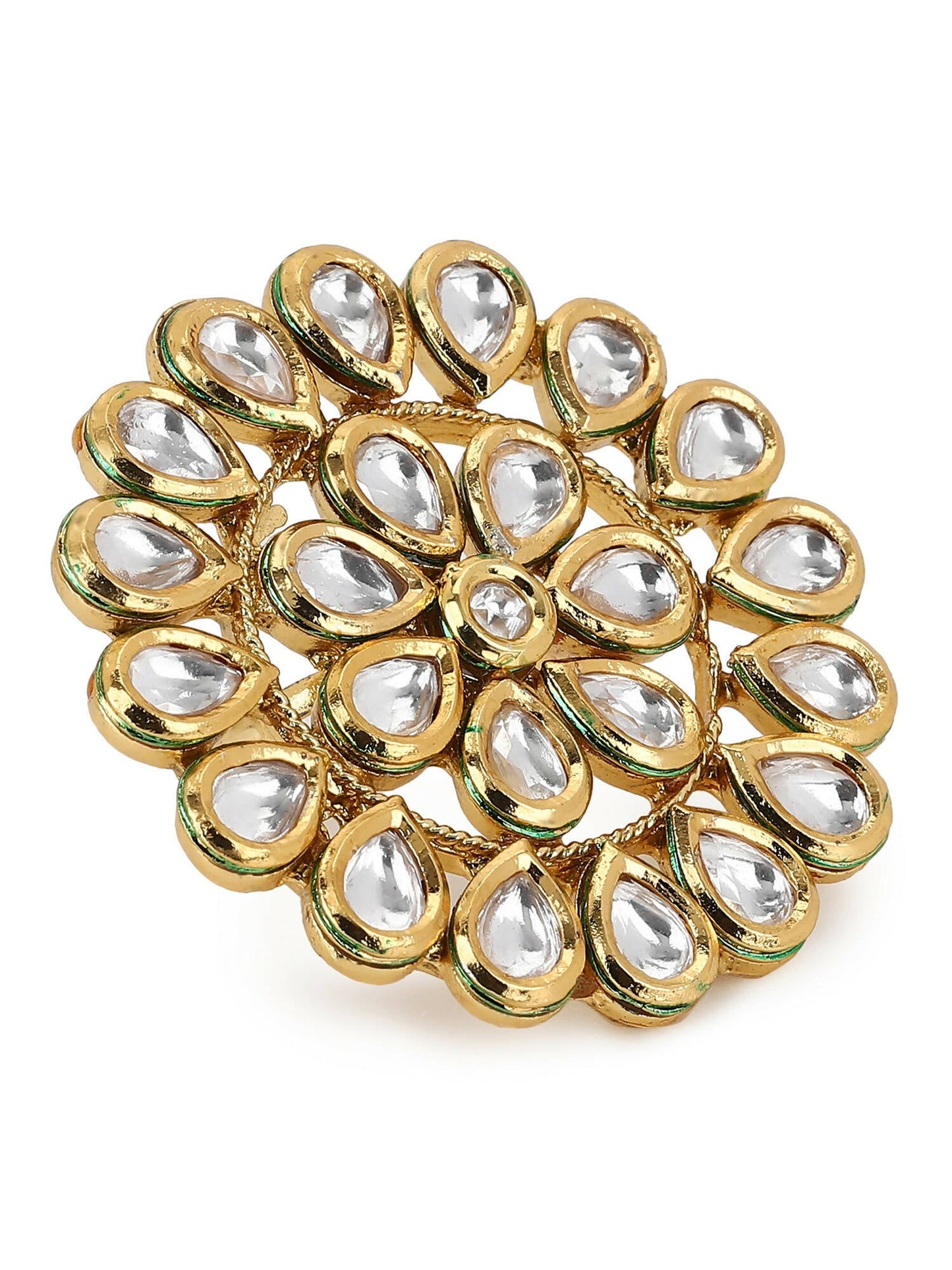 Gold-Polished White Kundan-Studded Adjustable Finger Ring - Ruby Raang | Swadesiicart