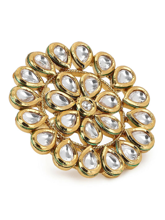 Gold-Polished White Kundan-Studded Adjustable Finger Ring - Ruby Raang | Swadesiicart