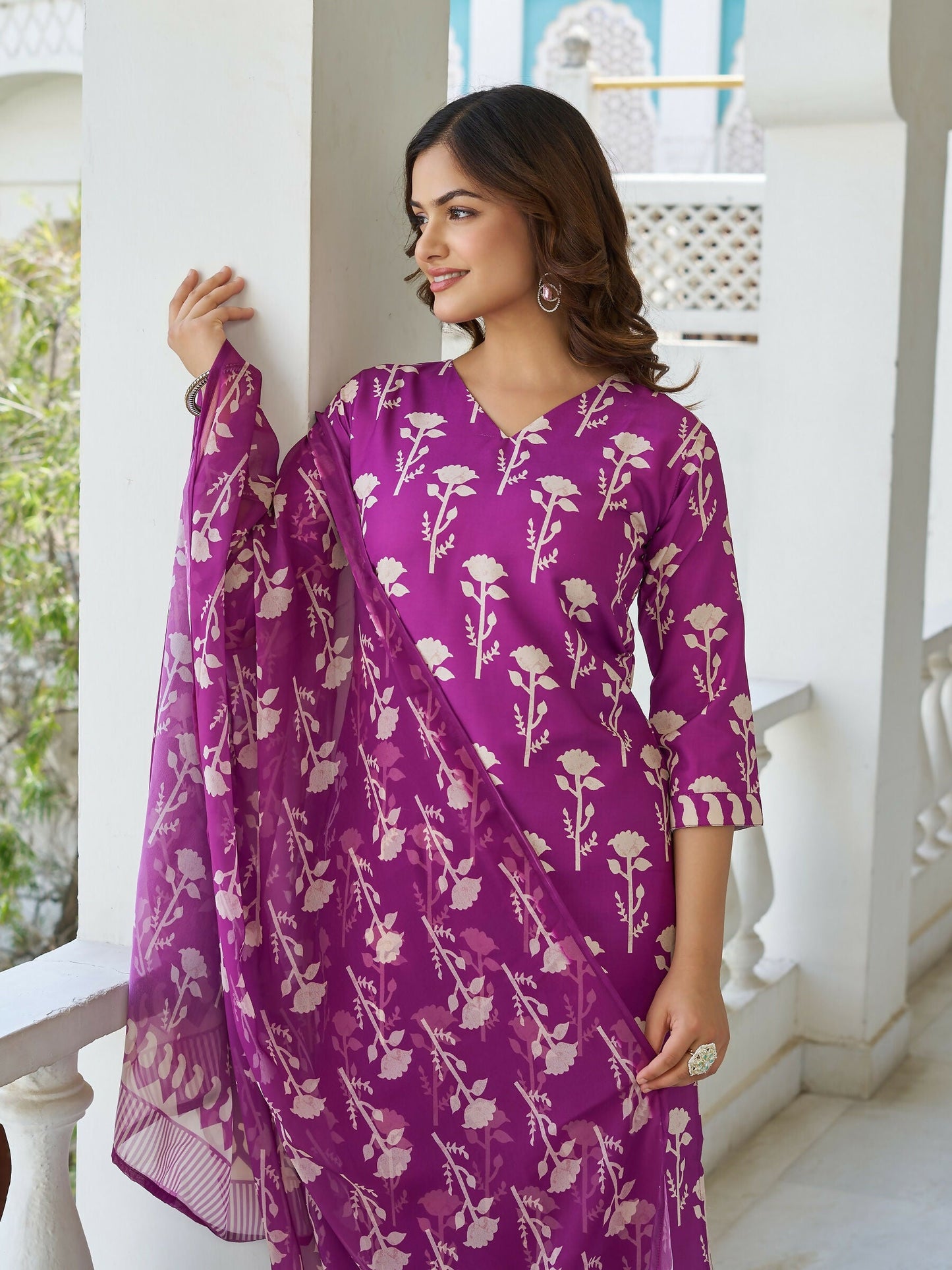 The52 Wine Women's Beautiful Cotton Blend Fabric Printed Work Straight Kurta, Pant and Dupatta Set - Swadesiicart