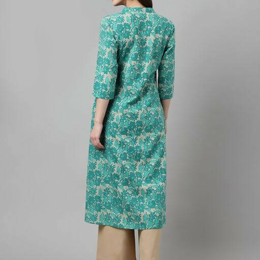 FIORRA Women's Floral Printed Teal Green Pure Cotton Straight Kurta - Swadesiicart