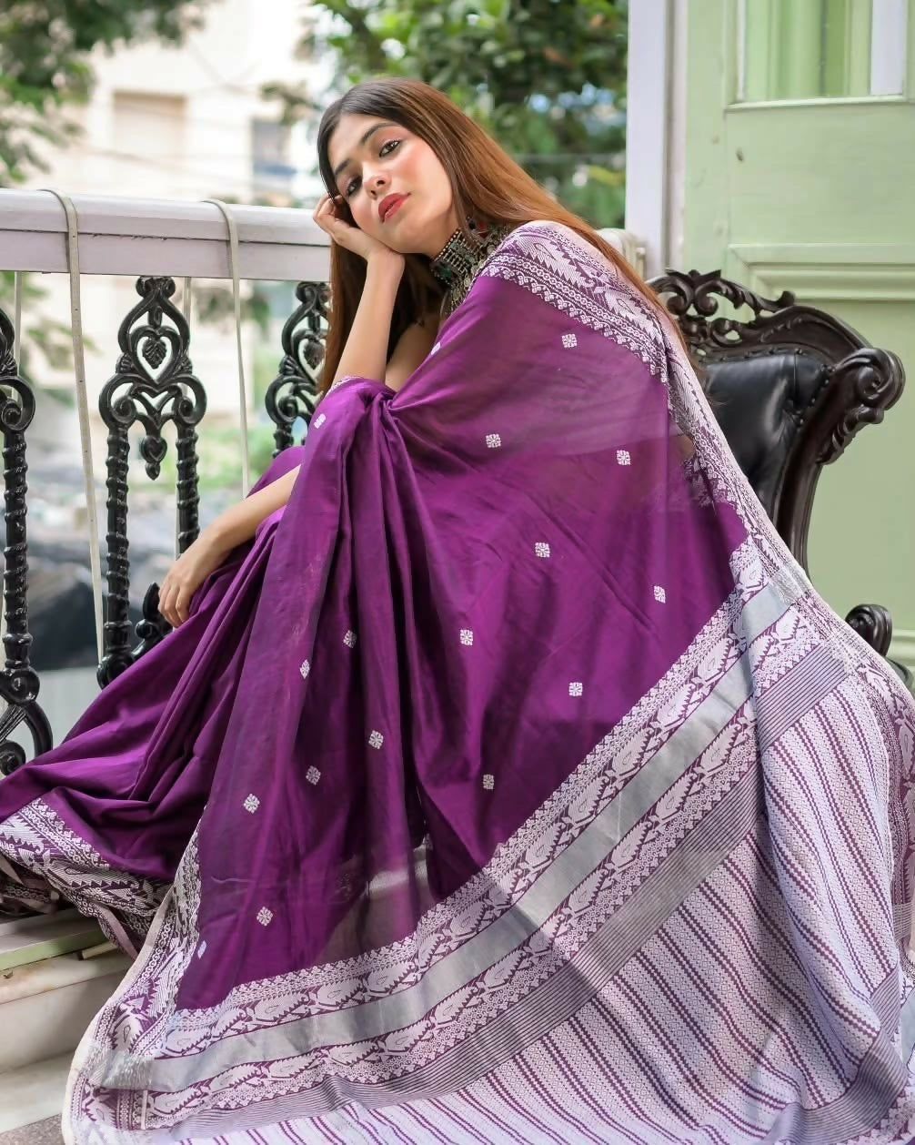 Exclusive Collection Purple Most Trending Beautiful Pure Cotton Handloom Saree - Swadesiicart