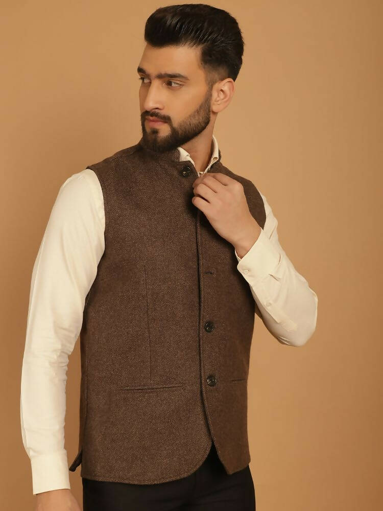 Even Apparels Pure Wool Nehru Jacket - Brown | Swadesiicart