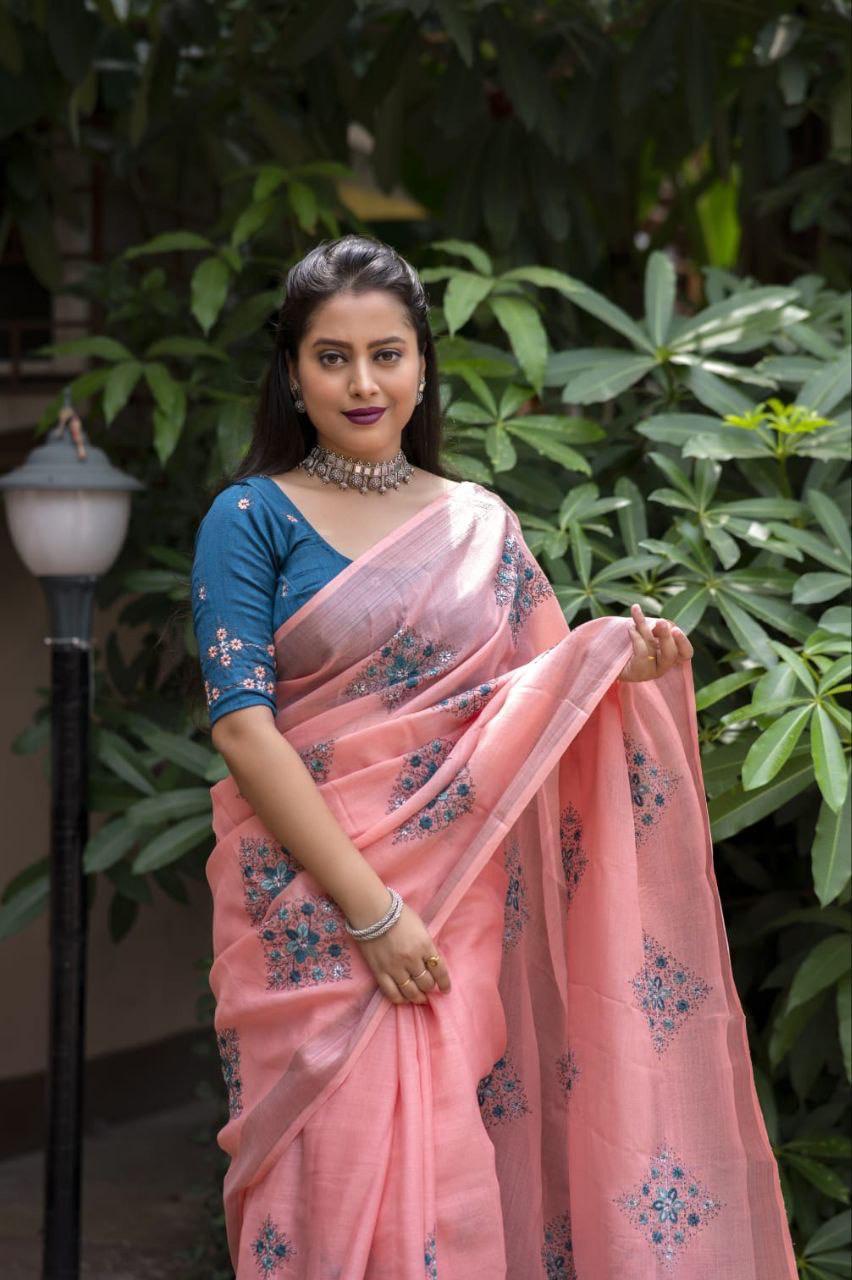 Brick Pure Linen Ethnic Motifs Saree with Unstitched Blouse - Hiral Fashion | Swadesiicart