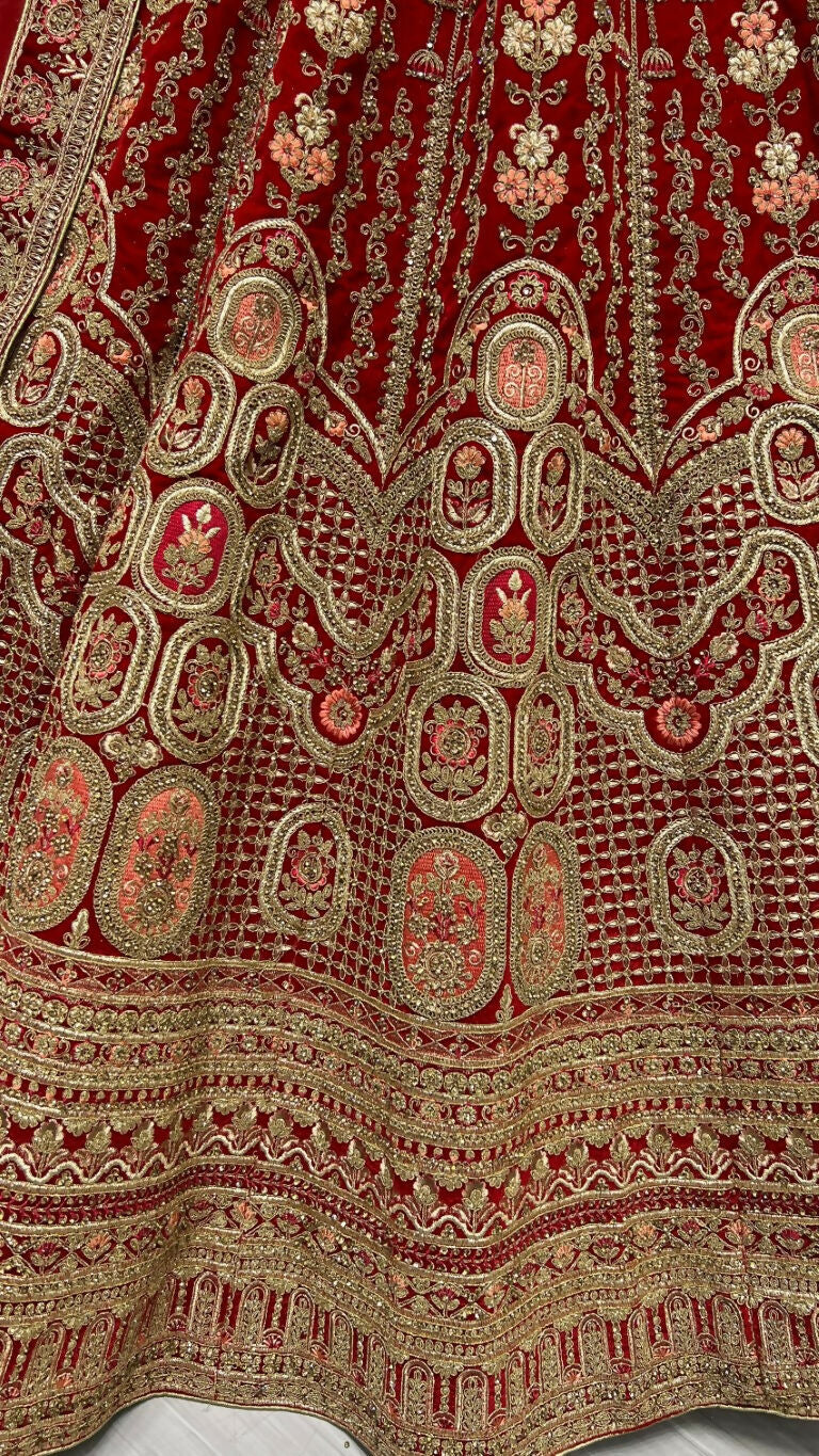 Jyoti Fashion Women's Red Velvet Multi Thread Embroidered with Zircon Diamond Wedding Lehenga Choli | Swadesiicart