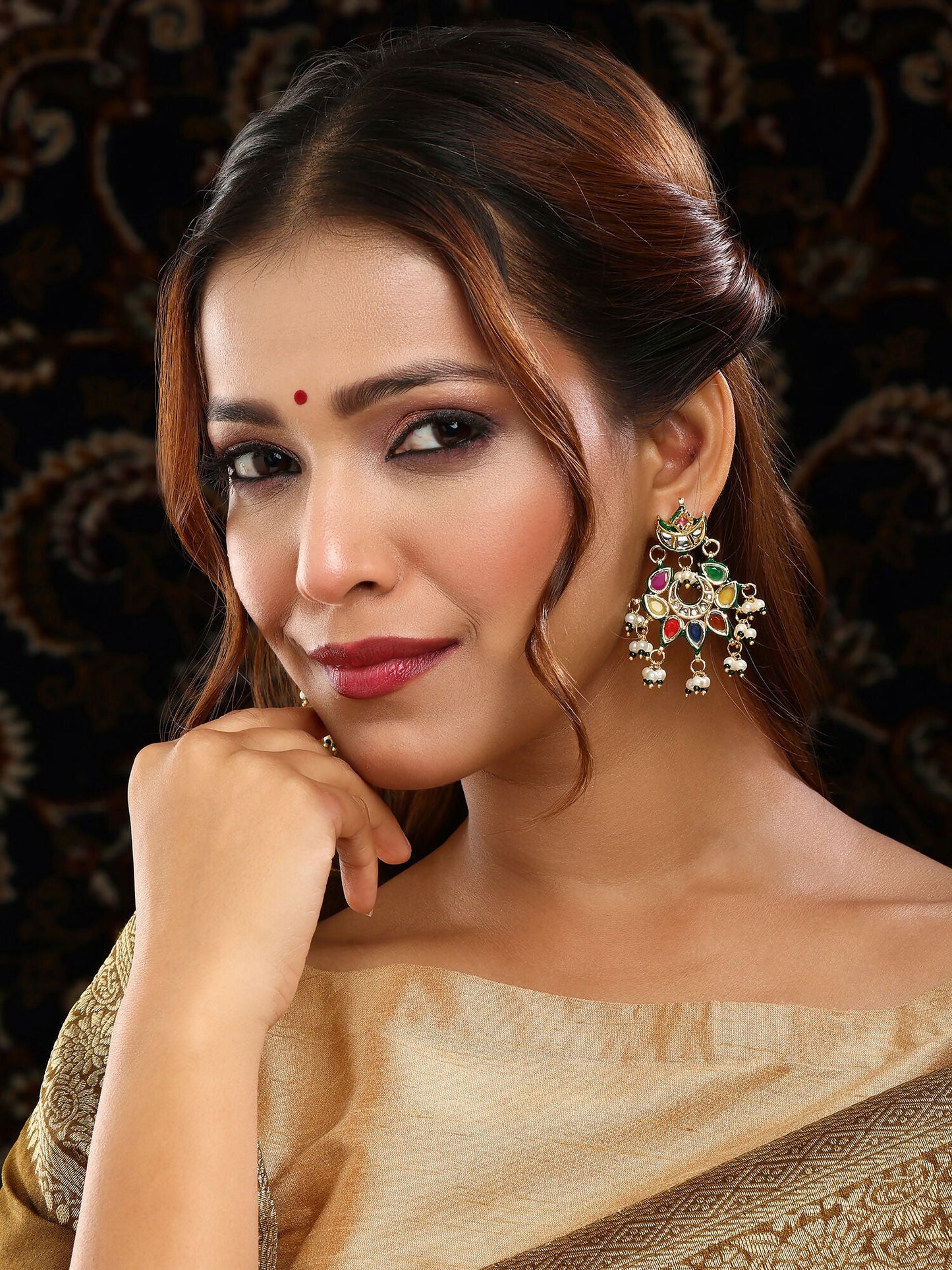 Ruby Raang Gold Polished Multi-Color Navratan Kundan Earrings | Swadesiicart