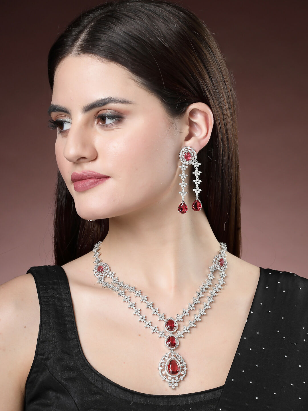NVR Women's Silver-Plated Red CZ-Studded Handcrafted Jewellery Set - Swadesiicart