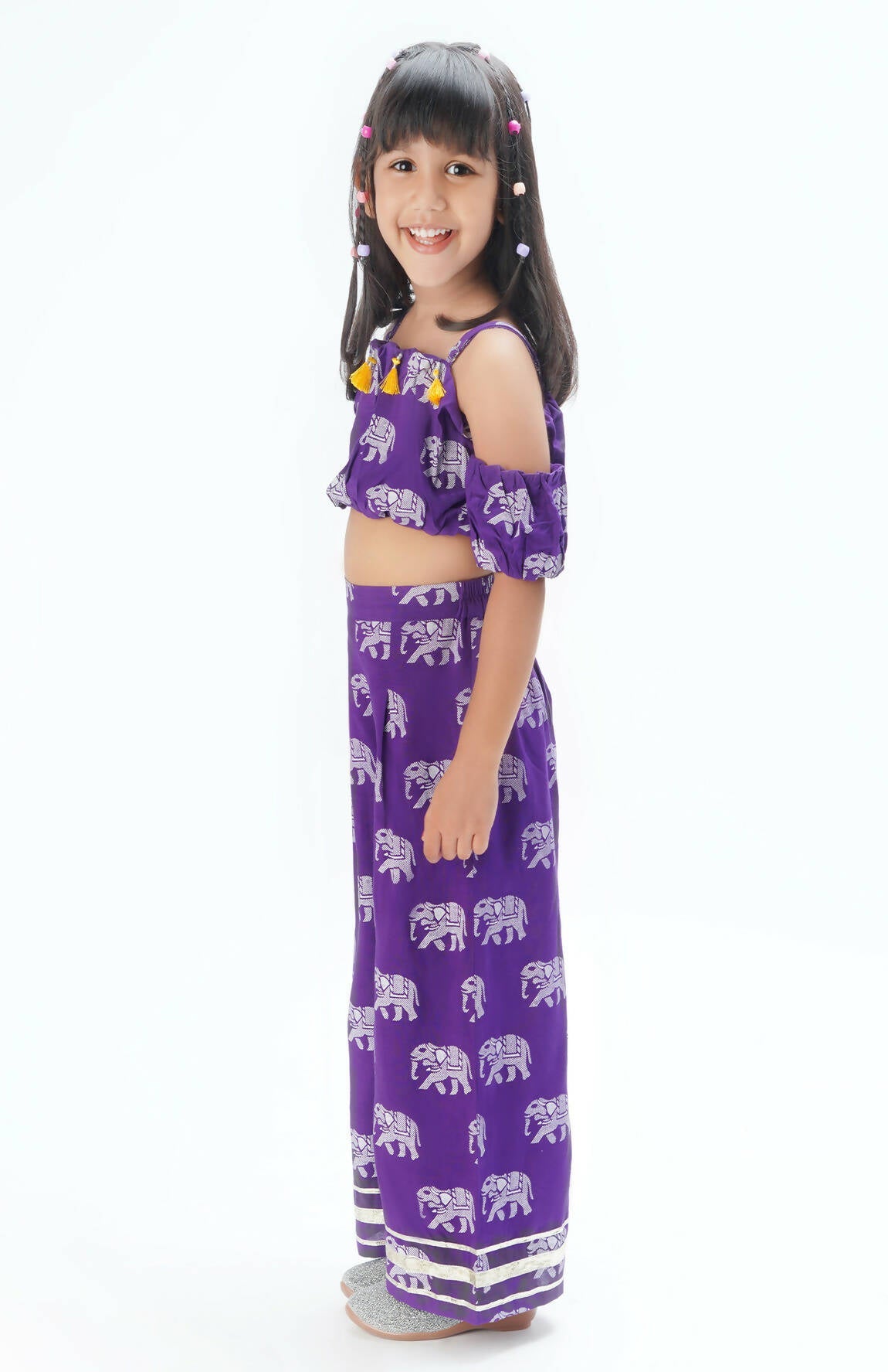 Lil Drama Trunk Tales Girls Purple Crop Top With Pants Co-Ordinate Set - Swadesiicart