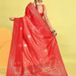 Joban Fashion Peach & Red Plain With Weaving Border Banarasi Silk Sarees | Swadesiicart