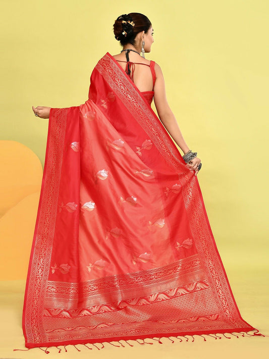 Joban Fashion Peach & Red Plain With Weaving Border Banarasi Silk Sarees | Swadesiicart
