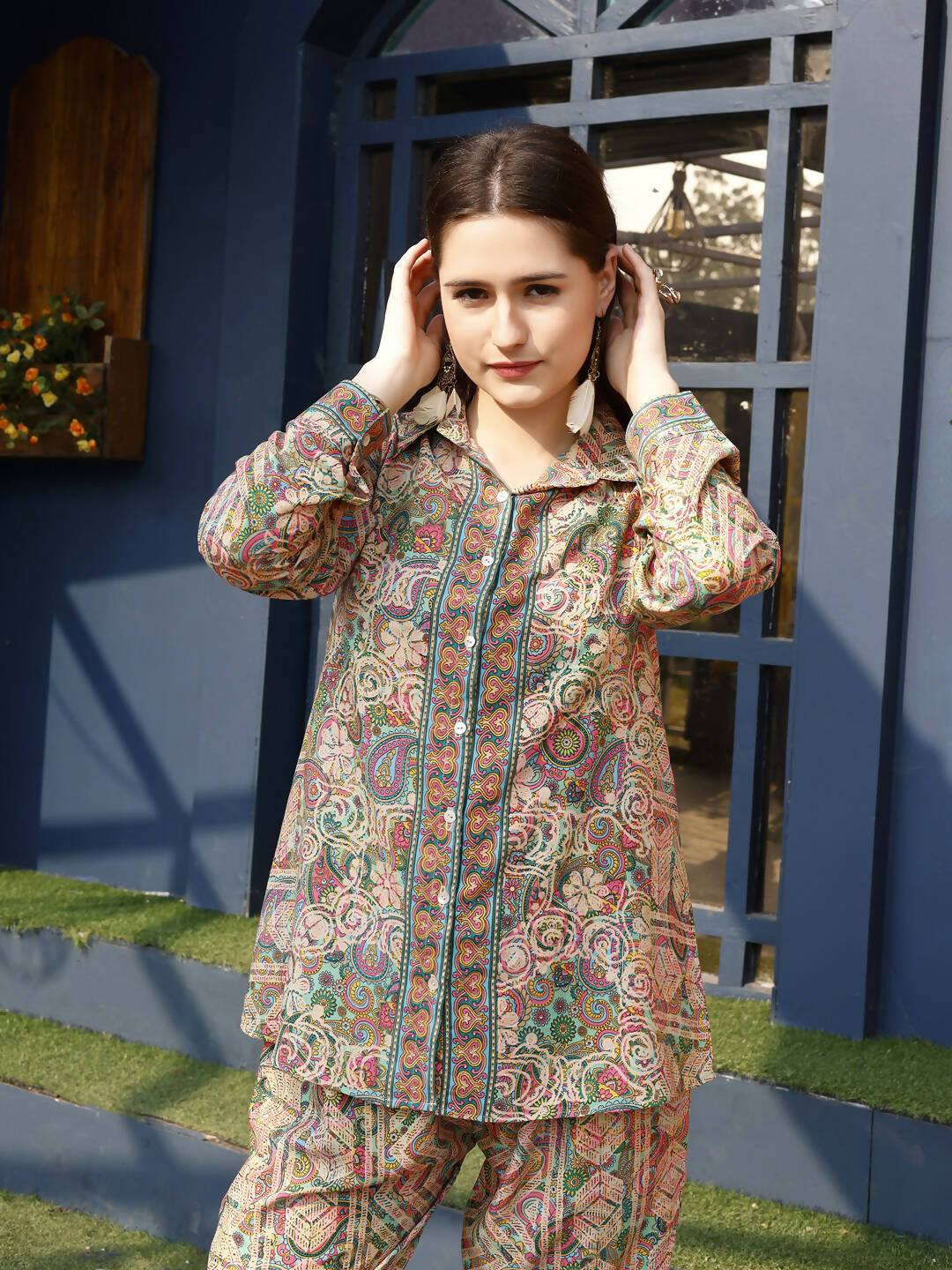 Orange & Green Rayon Paisley & Floral Printed Top with Matching Bottom - Eesha - Swadesiicart