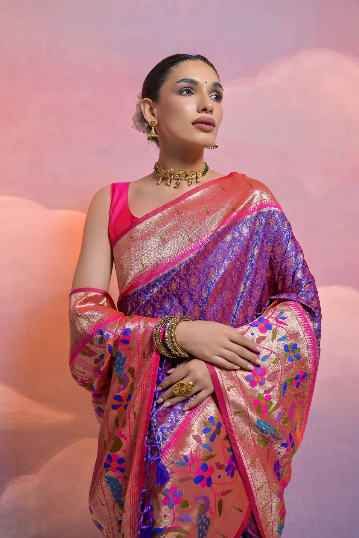 Vishnu Weaves Women's Royal-Blue Paithani Silk Zari Woven Saree with Blouse - Swadesiicart