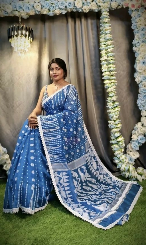 Exclusive Collection Beautiful Peacock Blue Jaal Jamdani Saree - Swadesiicart