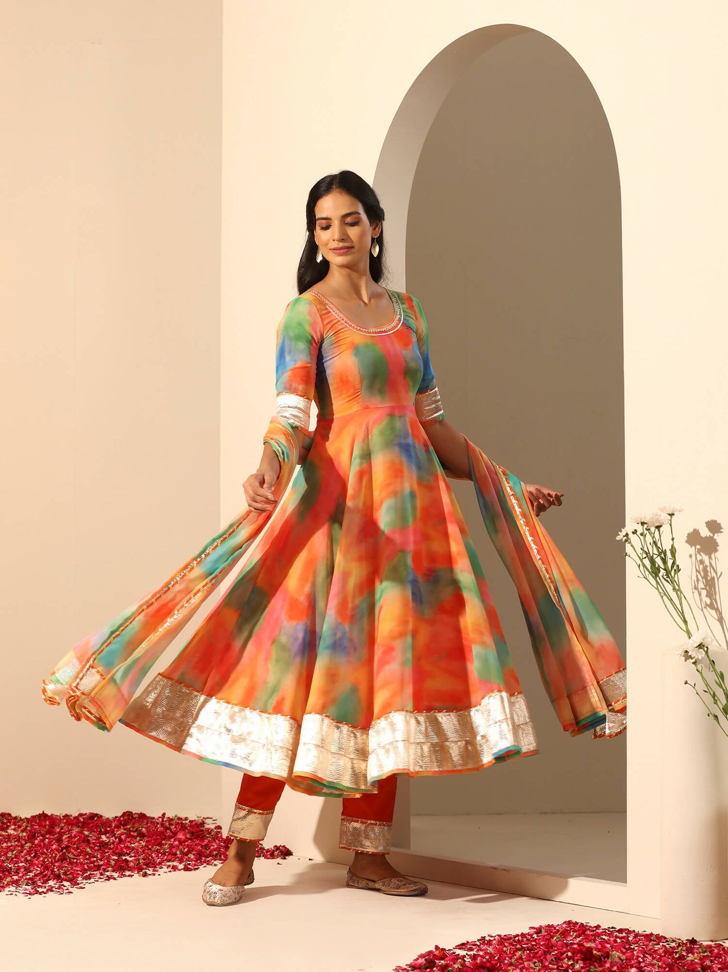 Pomcha Jaipur Orange Gul Rangbirangi Anarkali Set | Swadesiicart